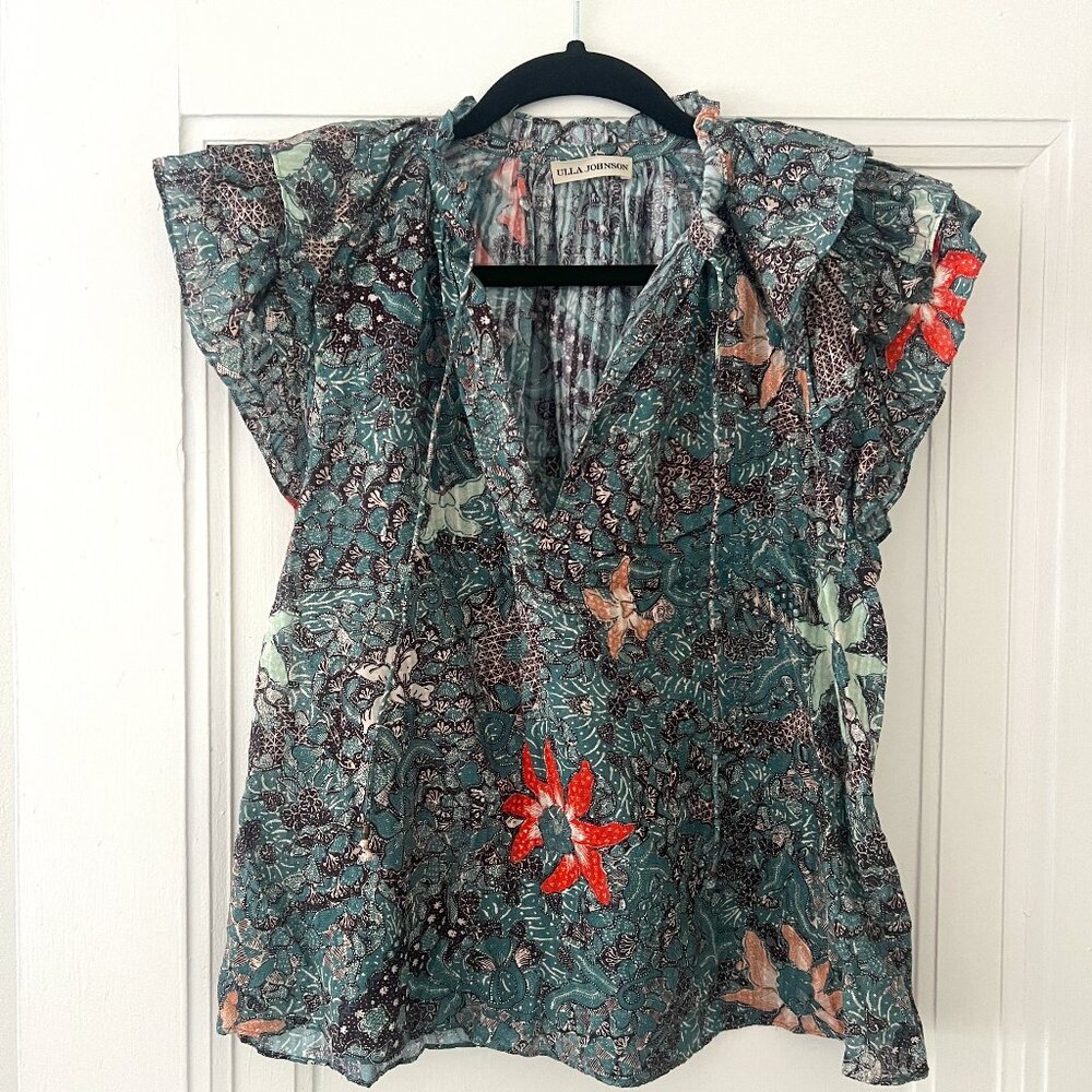 Ulla Johnson Short Sleeve Flutter Sleeve Blouse Green/Teal Size 0